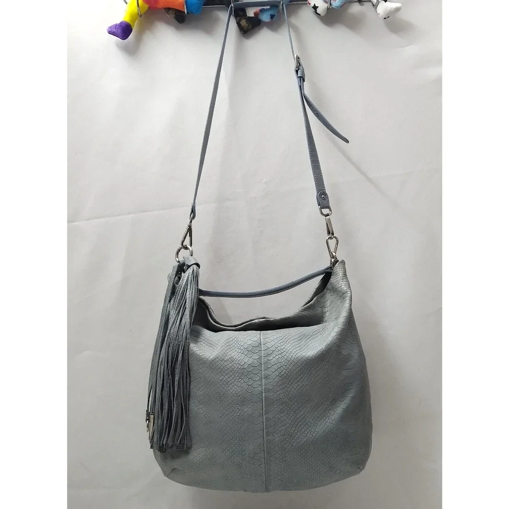 Gianni Chiarini Light Blue Leather Snakeskin Embossed Tassel Hobo Shoulder Bag